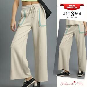 Umgee Drawstring Waistband Scallop Trim Detail Pockets Wide Leg Pants | Beige